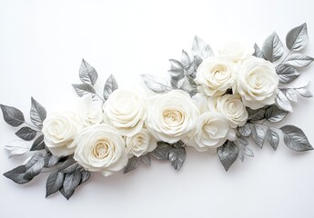 A minimalist floral composition featuring white roses and silver leaves 