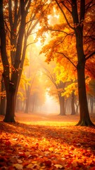 Autumnal forest path bathed in golden light