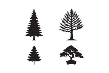 Four black silhouette evergreen trees isolated on white background