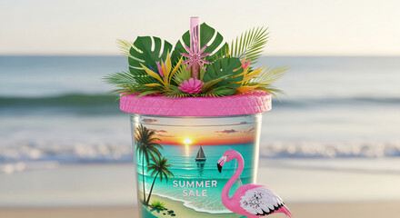 Pink tumbler with tropical design, flamingo, and ocean sunset image, adorned with lush greenery. Showcases summer sale concept, ideal for promotional use