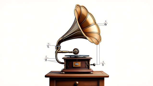 Antique gramophone with brass horn on wooden stand