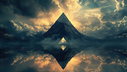 A mysterious mountain peak, with the silhouette of an upside-down pyramid in front of it