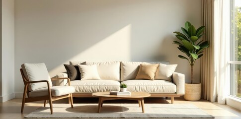 Beige sofa & chair in minimalist Japandi living room Ample copy space , warm, relaxing