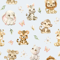 Cute Tropical Animals Insect and Leaves Watercolor hand painted summer seamless pattern on blue background giraffe lion