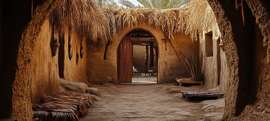 A mud wall with several small arches inside, the walls of which were covered in straw and had a natural texture