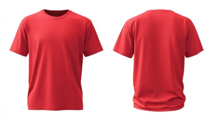 Two plain red t-shirts are displayed, showcasing the front and back views of the simple, everyday apparel item, isolated on white.