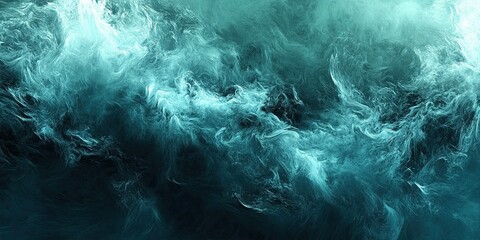 A panoramic photo of an abstract water painting, in shades of aquamarine and black