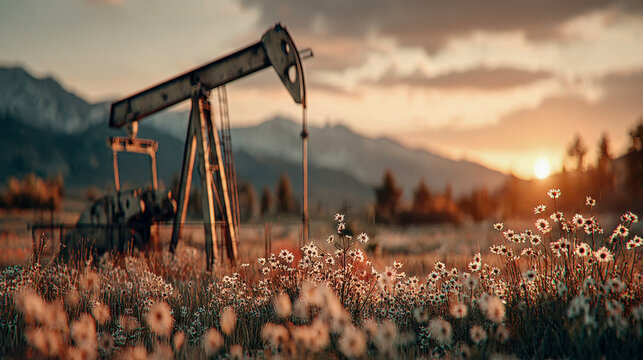 Large oil pumpjack extracting crude oil in an arid desert field with majestic snow-capped mountains behind - Powered by Adobe