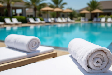 White beach towel on the background of the pool. Travel and vacation concept. AI