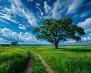 Obraz premium Lush meadow path under dramatic sky