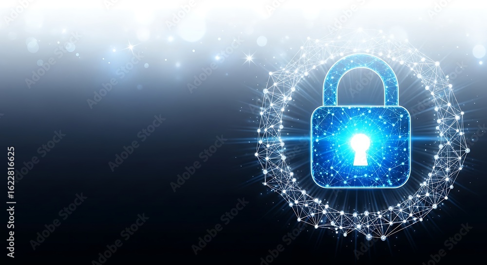 Poster abstract blue glowing padlock network security concept; digital data protection; futuristic technolo