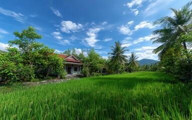 Lush rice paddy with a house