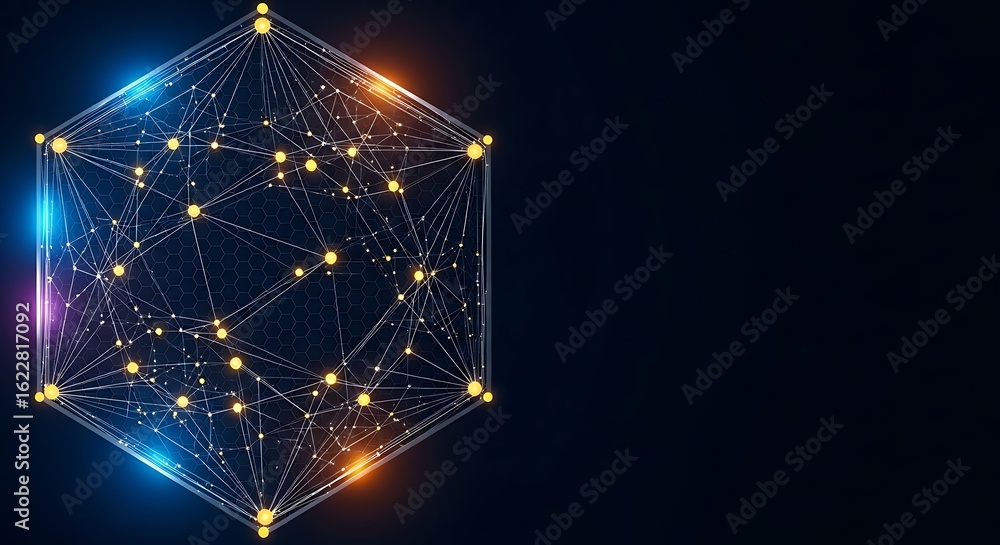 Poster abstract hexagonal network: futuristic technology, connectivity, and data visualization.