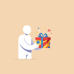 Abstract figure presenting a colorful gift box tied with a blue ribbon, confetti floating around, against a beige background.
