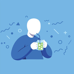Faceless person drinking a green beverage with ice through a straw, against a light blue background with abstract shapes.
