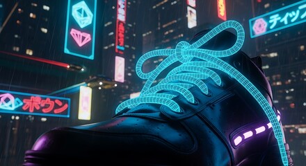 A futuristic black sneaker features glowing blue neon shoelaces against a vibrant cyberpunk city at night.
