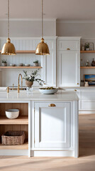 Modern and elegant kitchen with a central island, light tones, and gold accents. Perfect for a cozy home.