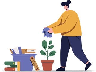 A woman dusting a plant with a cloth next to a bucket of books and files, illustration.