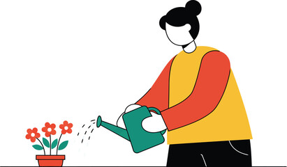 Woman watering flowers in a pot with a watering can, depicted in a flat vector illustration style against a white background.