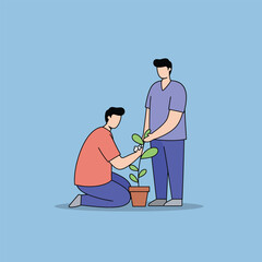 Two men tending to a potted plant, one kneeling and examining the leaves, the other standing and observing.
