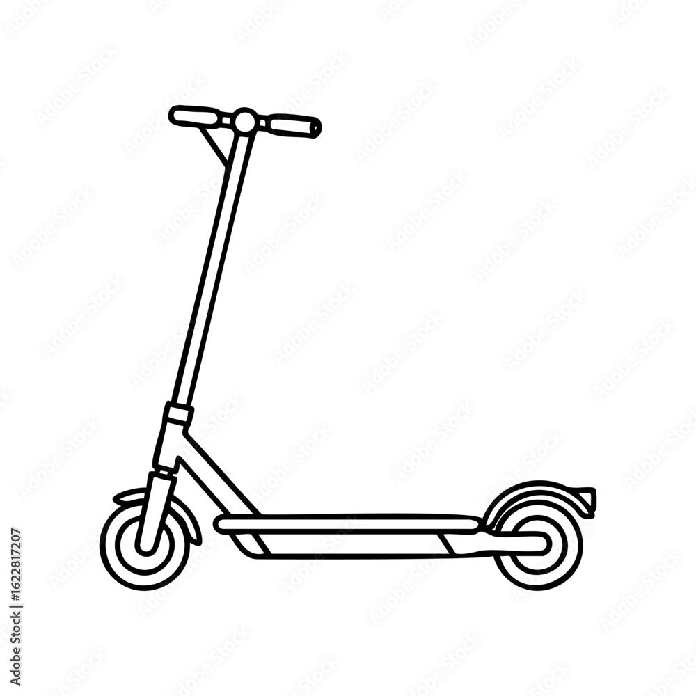 Poster outline of a standing electric scooter with kickstand and handlebars – stock vector icon in line sty