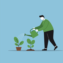 An illustration of a man watering plants with a green watering can, nurturing growth in a pot and in the ground, against a light blue background.