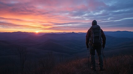 Fototapeta premium A person stands at the top of an epic mountain trail, overlooking vast mountains and valleys under a dramatic sunset sky