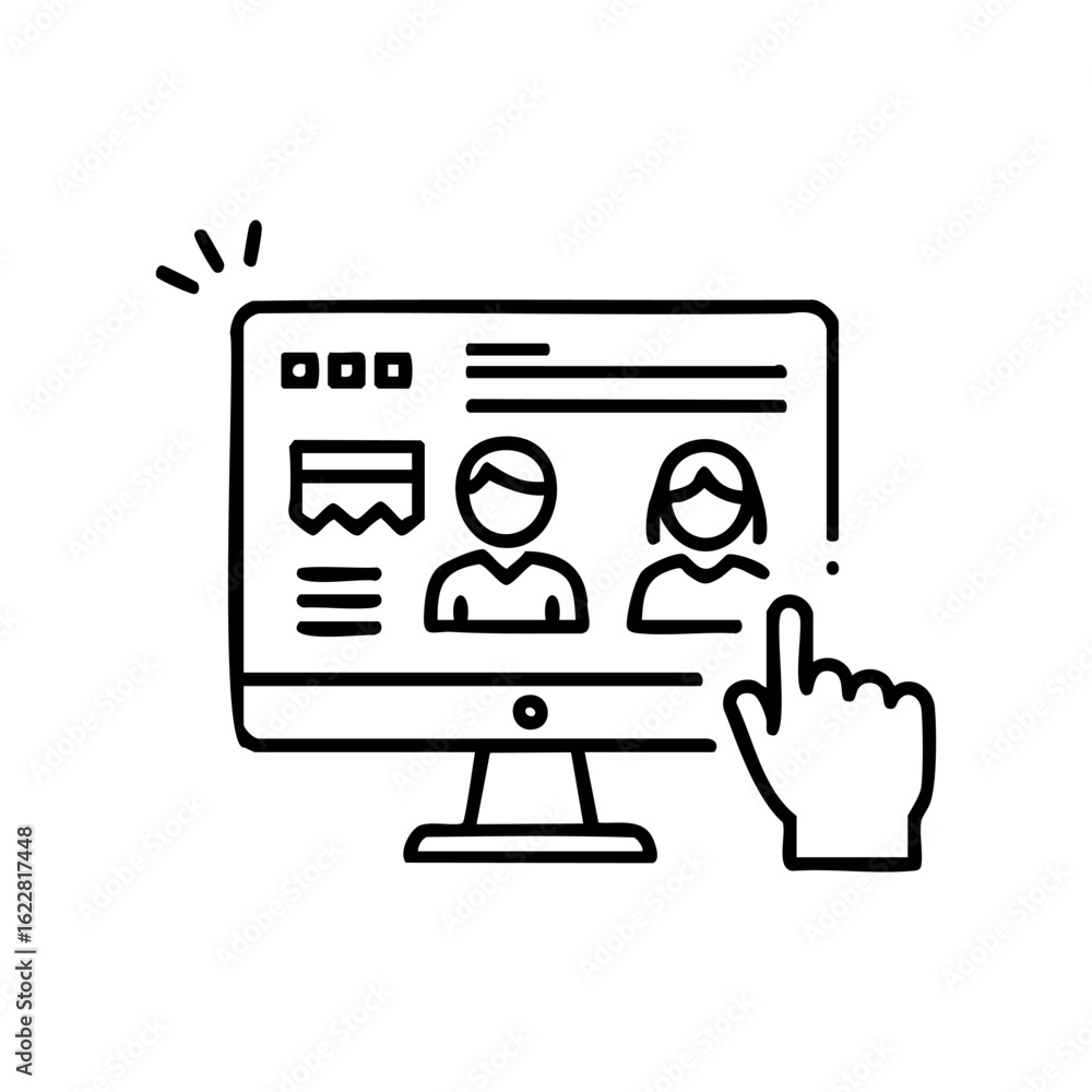 Poster user interface icon with male and female avatars on computer screen – stock vector icon in line styl