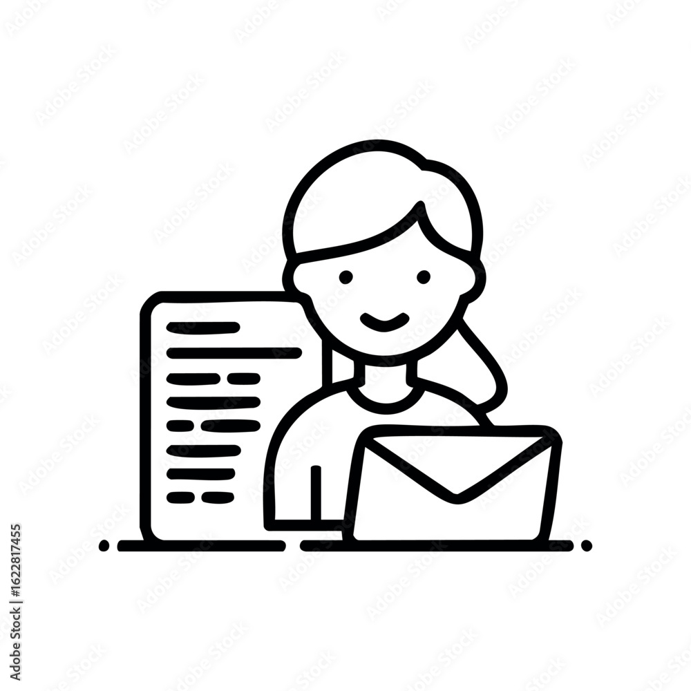 Poster Female character with envelope and document icon in simple line art – stock vector icon in line style