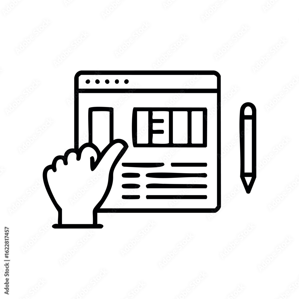 Aufkleber hand interacting with web design layout and pencil icon illustration – stock vector icon in line sty