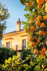 A photo of an orange tree in front of a beautiful building, which is covered with oranges and full of trees