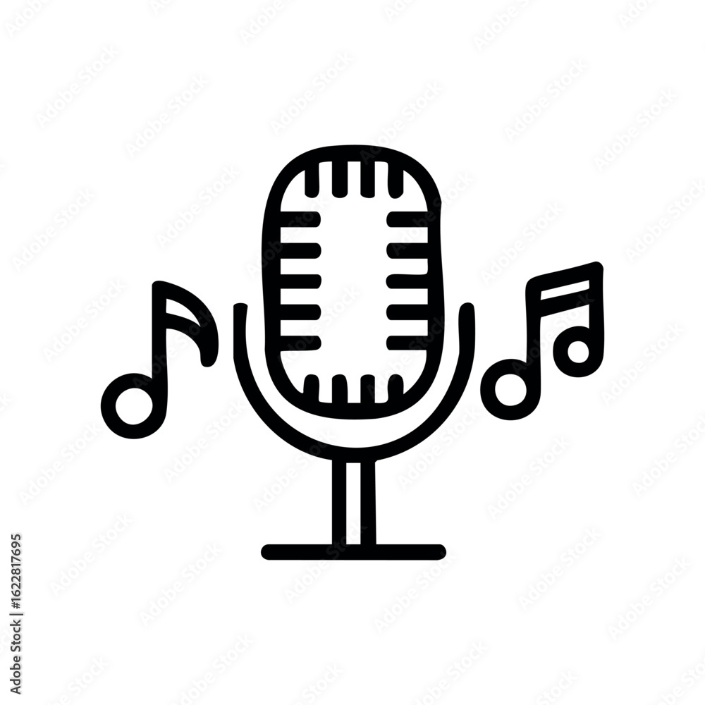 Poster black line art microphone with music notes for audio and entertainment themes – stock vector icon in