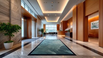Modern lobby interior with light teal rug
