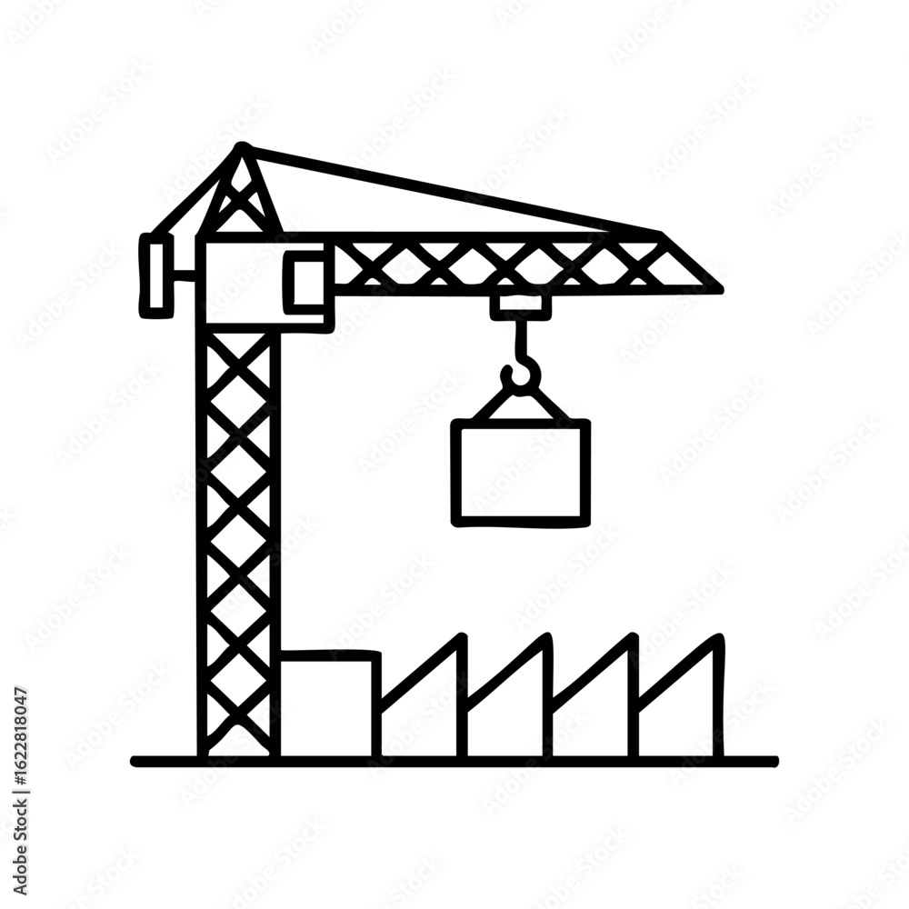 Poster Line art of construction crane with hook and building elements – stock vector icon in line style