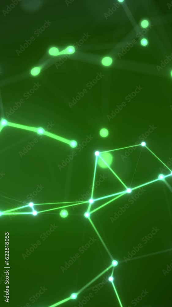 Poster glowing green dots connected by light lines forming a futuristic network on a dark green background