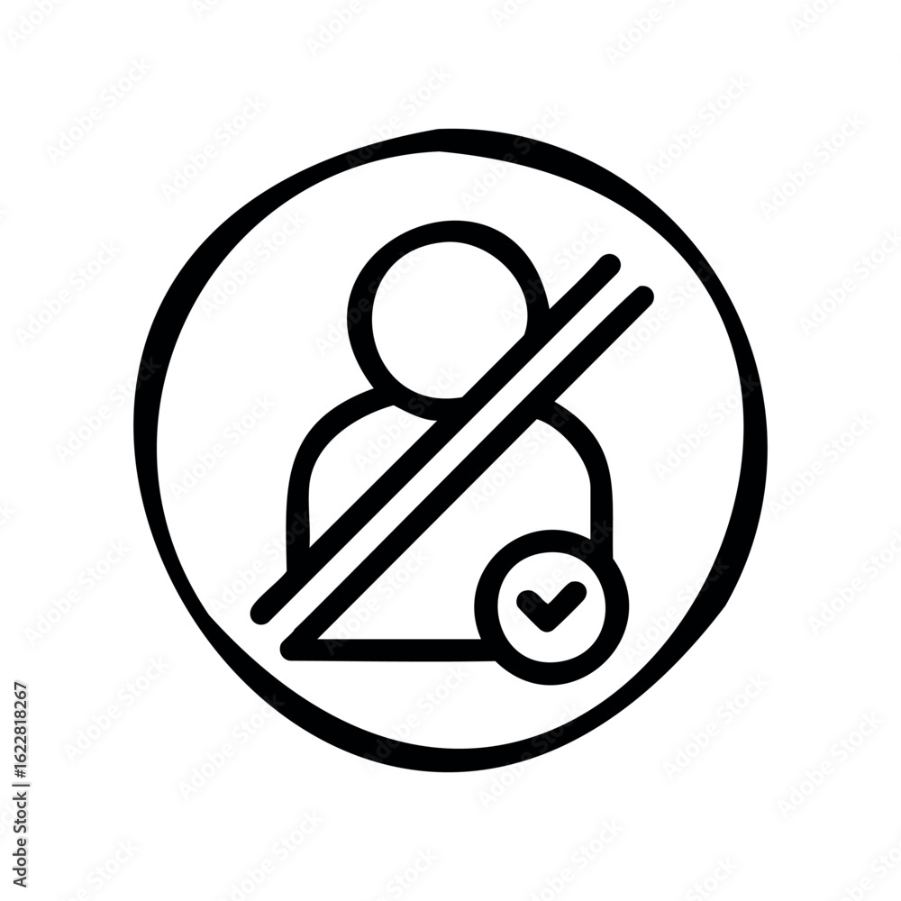 Poster no entry symbol over person with checkmark crossed out – stock vector icon in line style