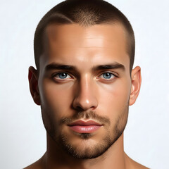 Obraz premium A close-up studio portrait of a serious young adult man with a buzz cut and light stubble, his striking blue eyes looking forward