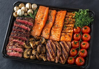 A photo of various grilled meats and fish, including steak, chicken wings, salmon fillets, sliced lamb strips 