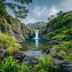 Fototapeta premium Lush waterfall cascading into a pool
