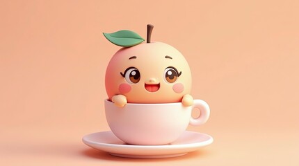 Fototapeta premium A happy 3D-rendered teacup with a cheerful face, sitting on a peach background in ultra-high-definition 8K