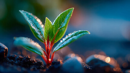 Fresh green seedling emerging from moist soil in morning sunlight, macro nature view