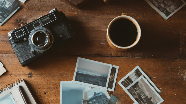 Vintage camera,photos,notebook,coffee cup on wood.Warm colours,nostalgia and visual evolution.Passion zooms across the globe,uniting society in this special photography occasion.World Photography Day