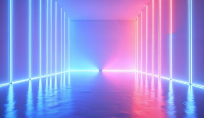 Neon-lit corridor with blue and pink lights converging at a distant point