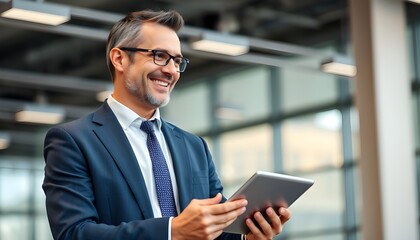 A smiling businessman in a suit holding a tablet device in an office setting with windows behind