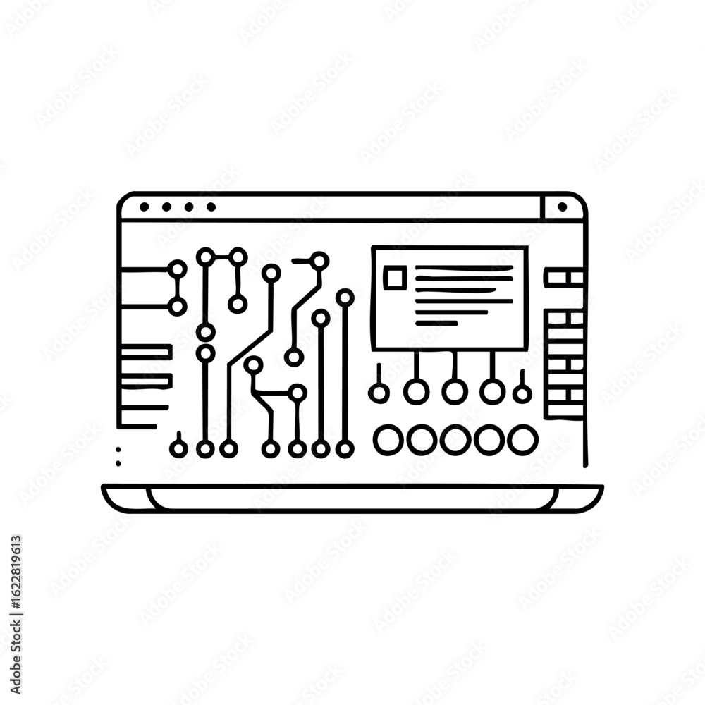 Poster abstract circuit design on laptop screen illustration – stock vector icon in line style