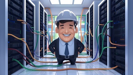 Cartoon engineer in server room with hard hat and suit surrounded by colorful cables