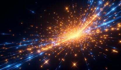 Naklejka premium Dynamic burst of golden and blue light particles against a dark background