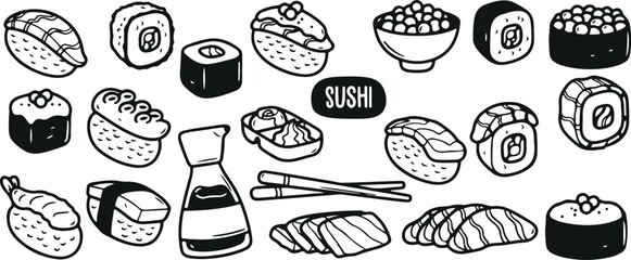 Sushi Food Doodle Set – Roll, Nigiri, Wasabi, Chopsticks, Fish, Japanese Food, Vector, Tasty, Snack, Rice, Traditional, Meal, Asian Cuisine