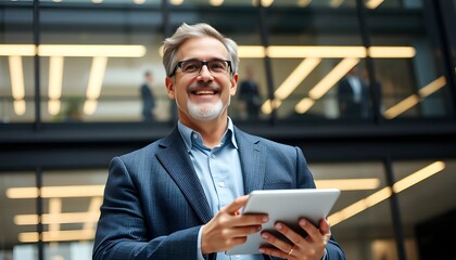 A smiling businessman in a suit holding a tablet in front of a modern office building