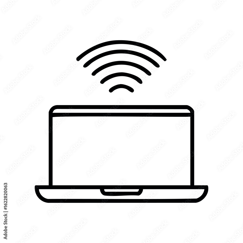Poster open laptop with wi-fi signal icon above screen – stock vector icon in line style